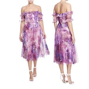 Marchesa Notte Mauve Floral‎ Off Shoulder Pleated Midi Dress Size 2